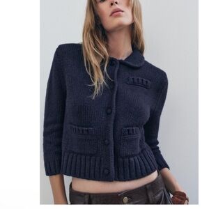 Zara Wool Blend Women's Navy Button Up Sweater/Cardigan Size XL